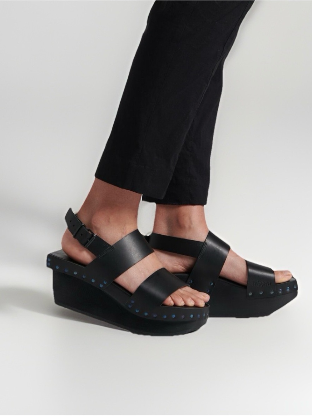 Trippen Women’s Flush Handmade Black Leather Wood Platform Wedge Sandals 38 US 8